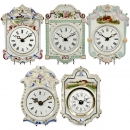 5 Black Forest Porcelain Shield Clocks, c. 1880