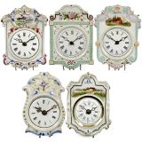 5 Black Forest Porcelain Shield Clocks, c. 1880