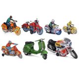 6 Tin Toy Motorcycles and a Scooter