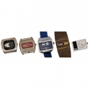 4 Wristwatches and an Alarm Clock, c. 1975