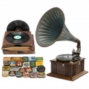 Horn Gramophone, Needle Tins and Shellac Discs