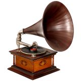 唱片留声机, 带大型木质喇叭口, 约1915年