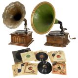 2 Horn Gramophones, Discs and Spare Parts